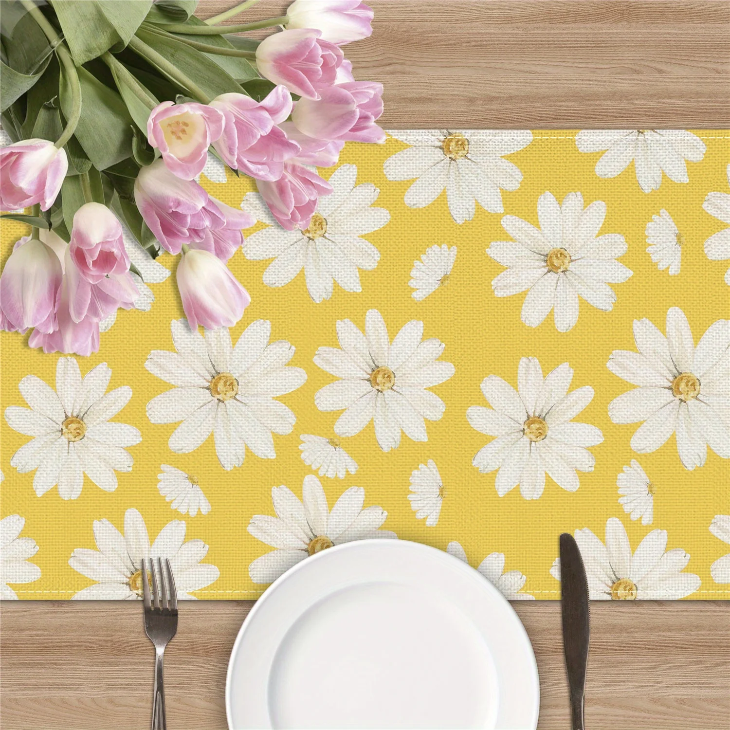 1pc Yellow-themed White Daisy Four-season Table Runner, Suitable for Kitchen Dining Tables and Parties