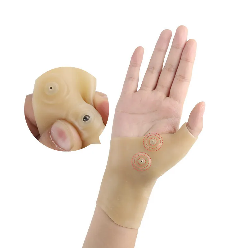 1pc Magnetic Therapy Soft Silicone Wristband Gloves Wrist Sprain Fixed Magnet Glove Cover Beige Unisex Finger Orthosis Protector - view 2