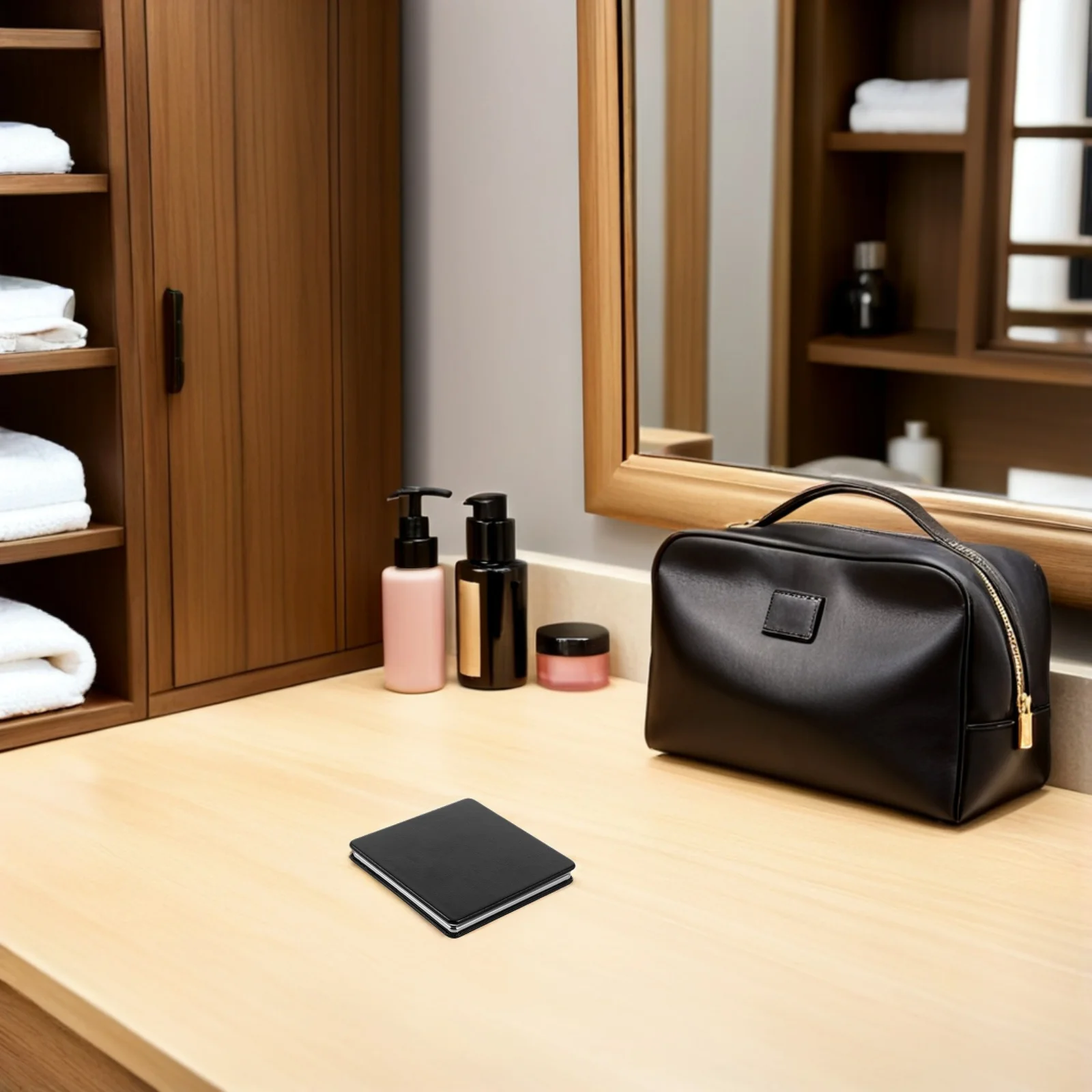 กระจกพกพาแบบพับได้ขนาดเล็กกะทัดรัด 8 ซม. สีดำ กระจกสองด้านแบบมือถือสำหรับกระเป๋าเป้สำนักงานและแต่งหน้า