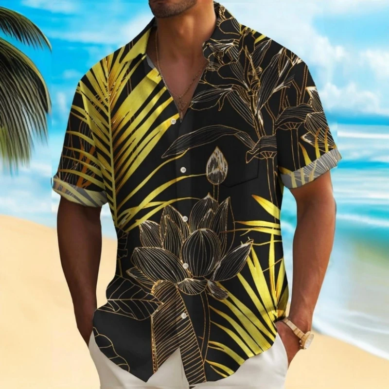 Camisa havaiana com estampa 3D de flores de praia masculina, camisas masculinas de manga curta, roupas largas, diárias, casual, 2024