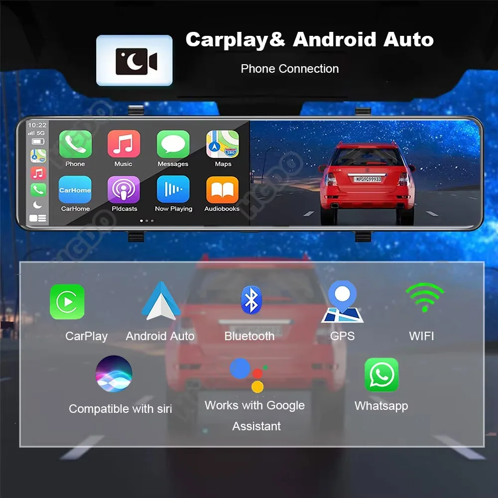 HGDO T166 Carplay Android Auto 4K Dash Cam Rear View Mirror 1080P backup Cam DVR Car Audio Receivers GPS Bluetooth FM