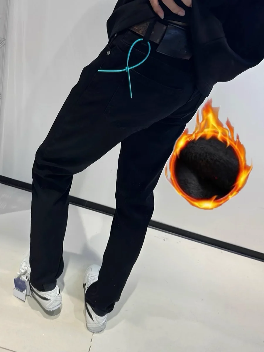 

Bla Fce Lined Stretchy Straight Leg Jeans Men's Winter Casual Faion High Street Sle mid Waist Zipper Fly Denim Pants