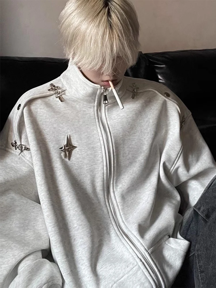 

Hip Hop Metal Bule Stand Collar Open Cardigan Sweatirt Men's Faion Brand Design Casual Loose Fit Antibacterial Waterproof