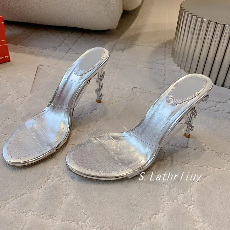 New Sparkling Rhinestone High-Heeled Slippers Women Transparent PVC Open Toe Sandals Summer Fashion Party Dress Shoes Pumps