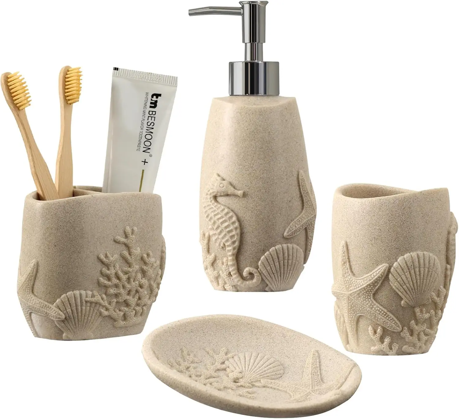

4-Piece Bathroom Accessory Set with Soap Dispenser, Toothbrush Holder, Tumbler, and Soap Dish in Beige