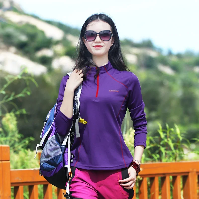 Military Long Sleeve T-shirt Women Tactical Outdoor Sports Quick Dry Mountain Climbing Migration Stand Collar Slim Fit Zip Tops