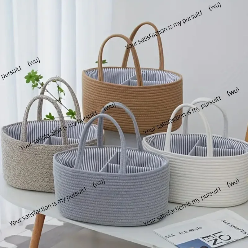 Original white hand-held cotton rope woven hand basket, fringed storage and finishing removable frame