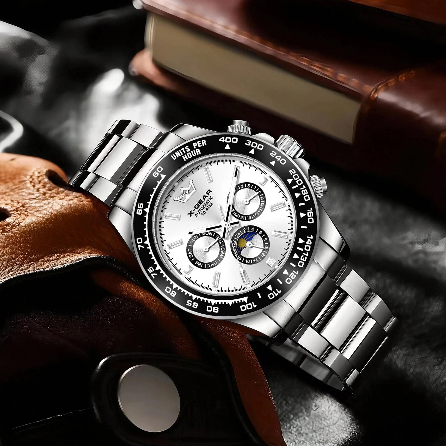 Automatic Mechanical Watch Waterproof Night Light Panda Eye Ceramic Bezel Three Eyes Six Hands