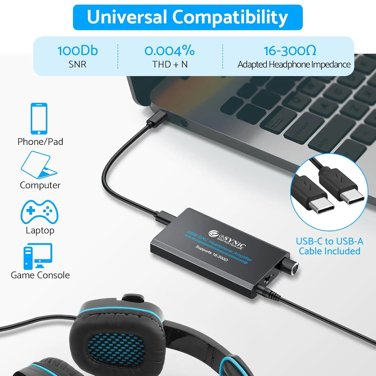 eSynic Headphone Amplifier 16-300Ω Professional Portable USB DAC Headphone Amp Type-C Input 3.5mm Output Rechargeable for Phone