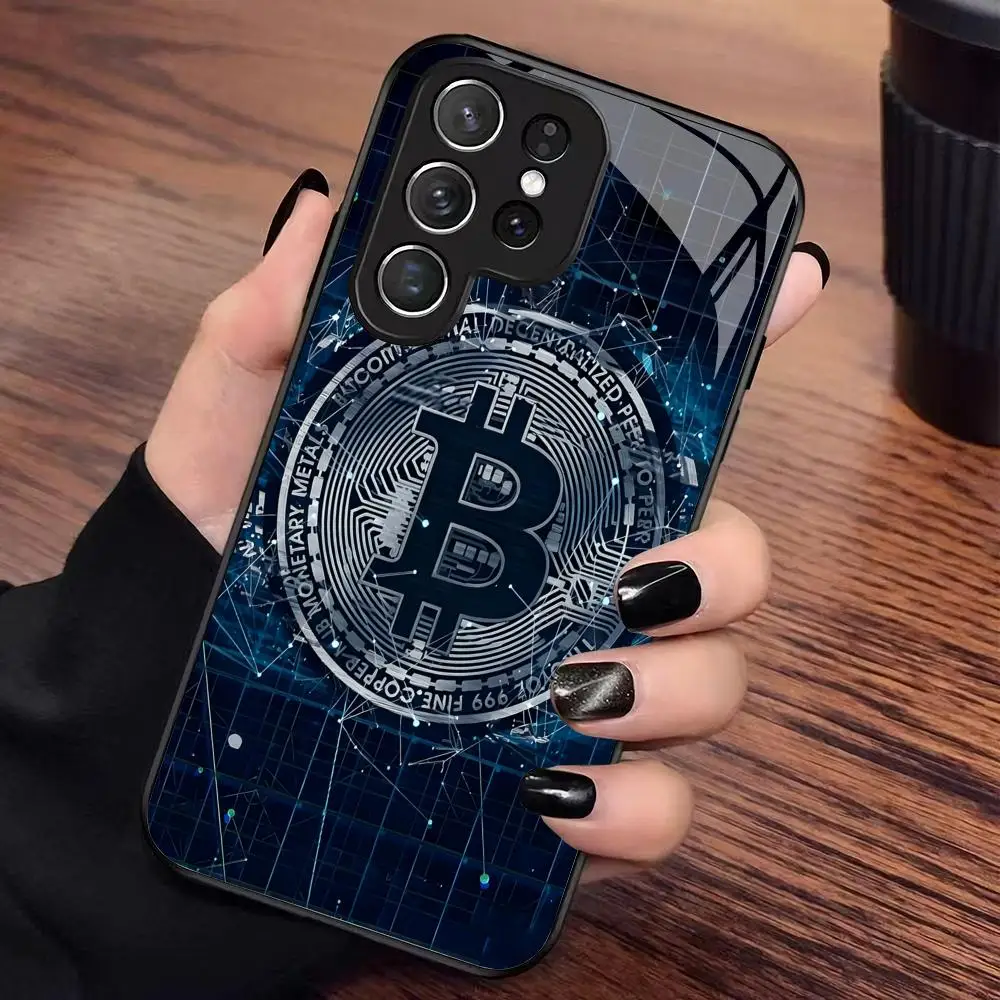 Blues Technology Line Bitcoin Glass Phone Case Suitable for Samsung Galaxy S26 S25 S24 S22 S21 S20 FE/Ultra/Plus Anti Drop