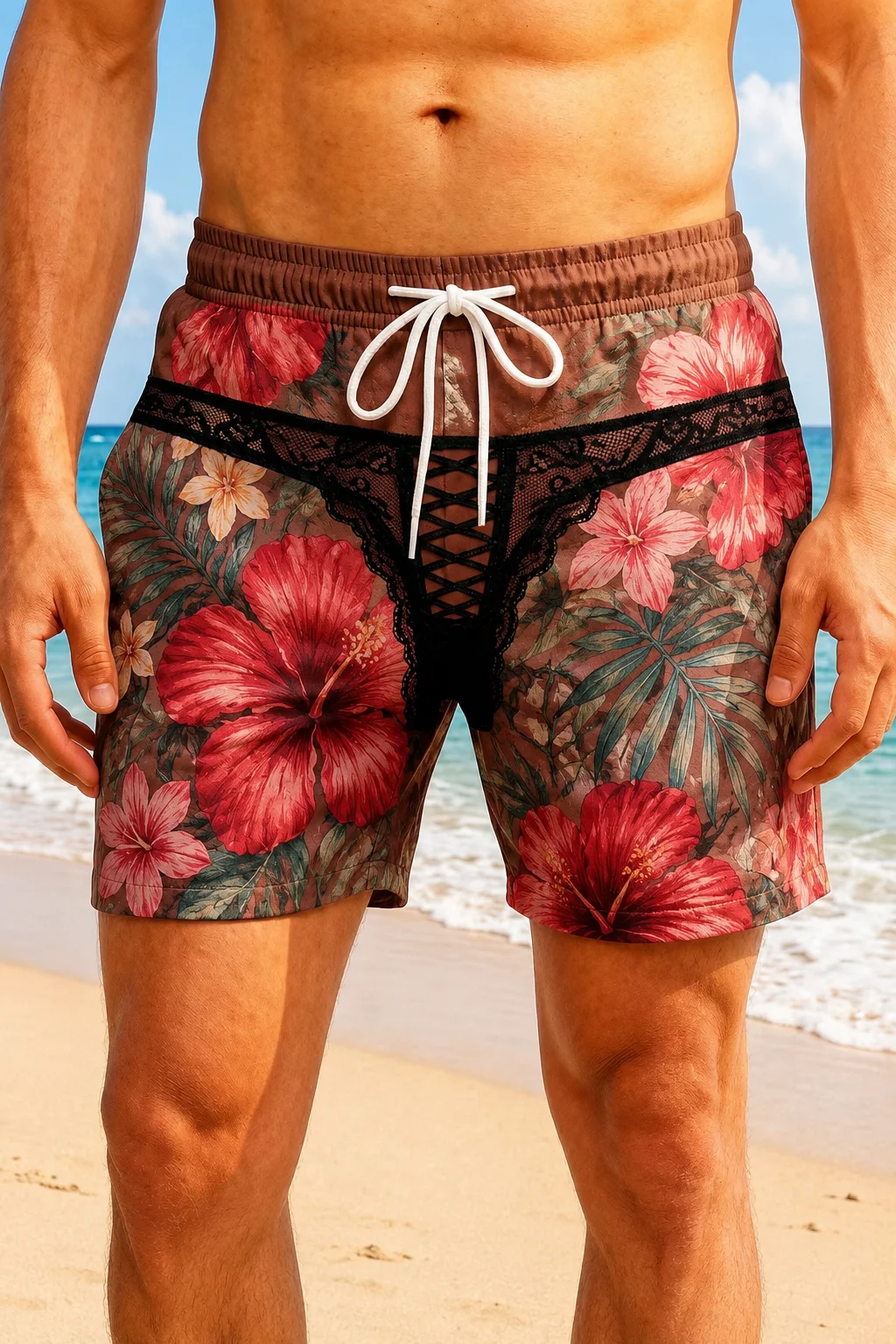Tropical Floral Orchid Hibiscus Men Swim Shorts Black Lace Crisscross Thong Printed Funny Novelty Beach Board Shorts swim Trunks