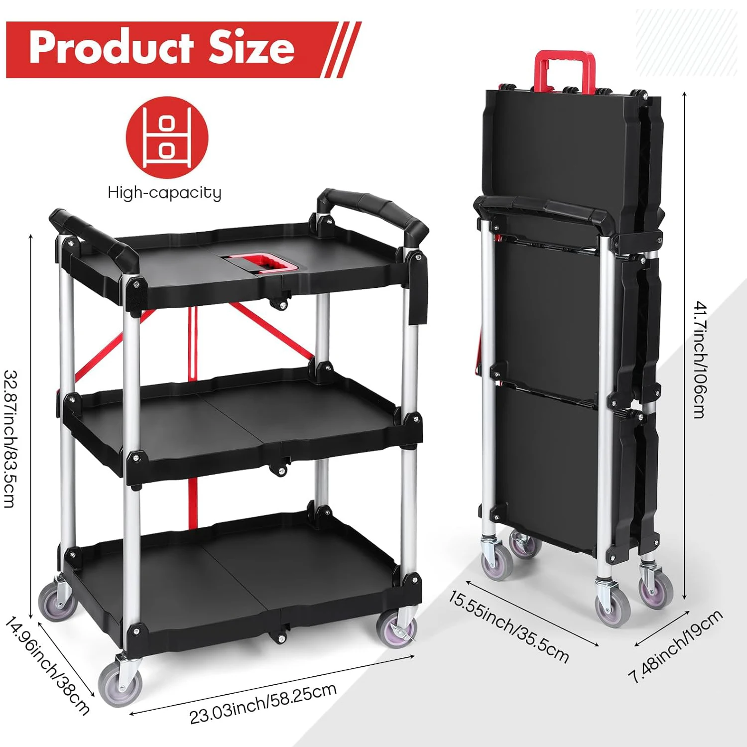 Foldable Utility Service Cart,3 Shelf 165LBS Heavy Duty Rolling Cart with 360° Swivel Wheels (2 with Brakes)