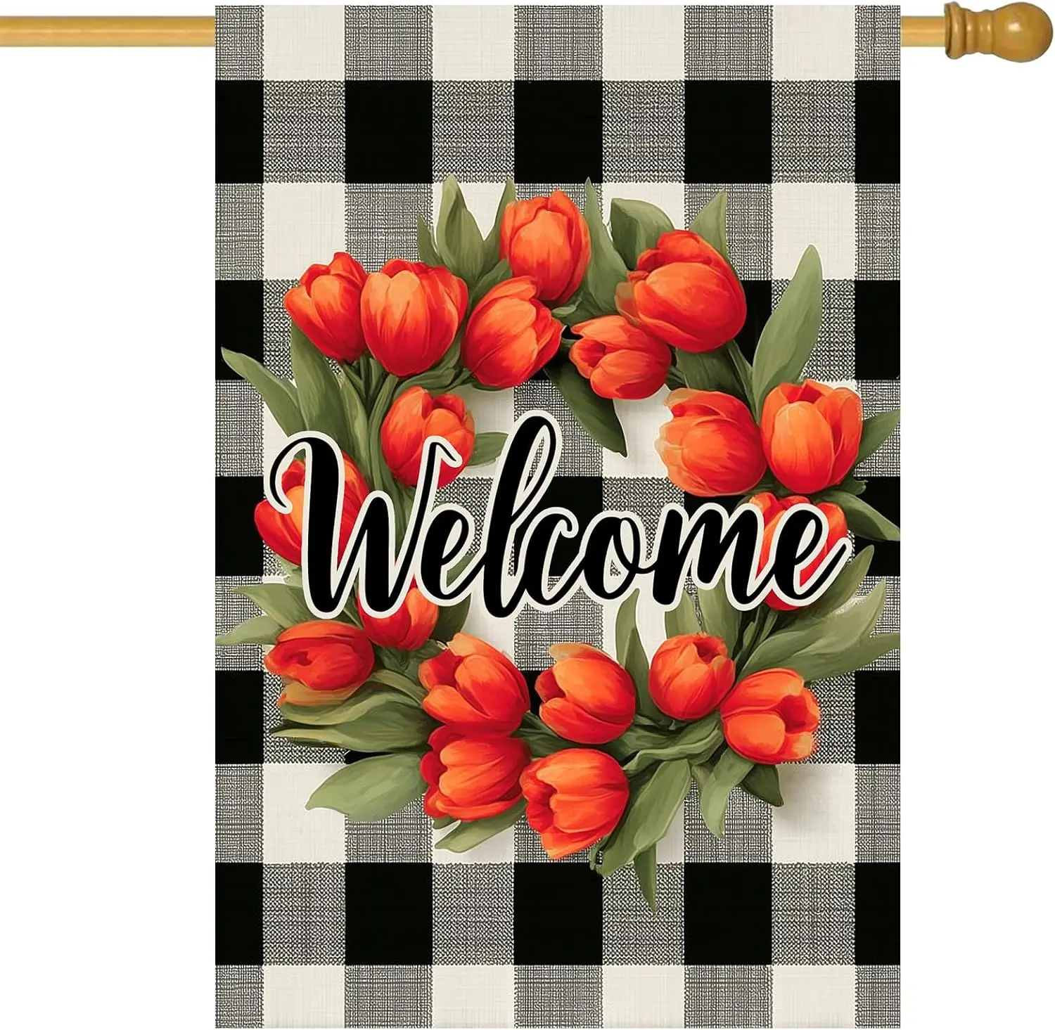 Welcome Garden Flag Red Tulips Buffalo Plaid House Flag 28 x 40 Inch Double Sided Large Yard for Porch Home Outdoor Spring S EEZ