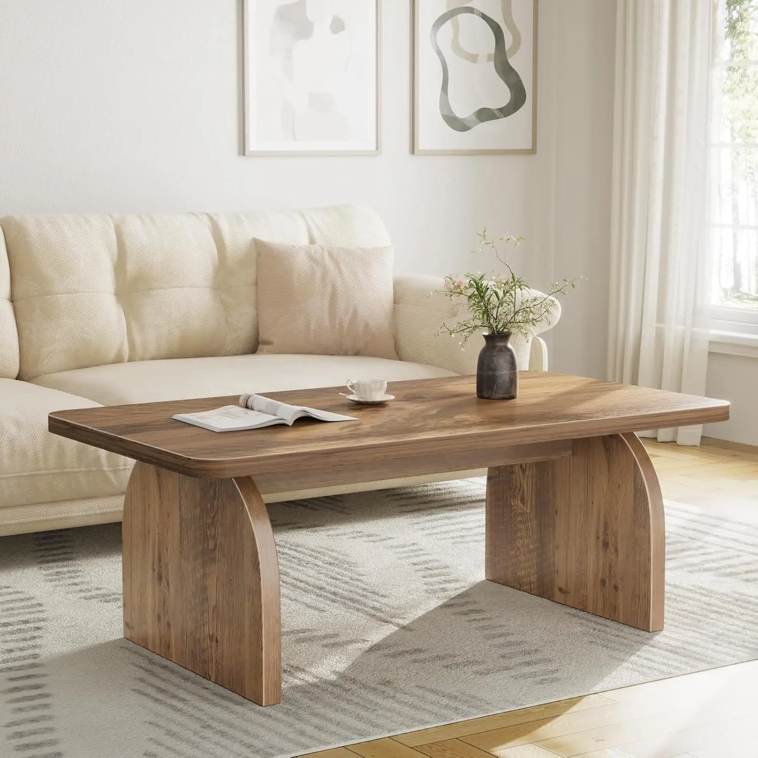 طاولة قهوة لغرفة المعيشة - طاولة قهوة مستطيلة من خشب البلوط للمزرعة، طاولة مركزية خشبية صلبة باللون البني العضوي Mo
