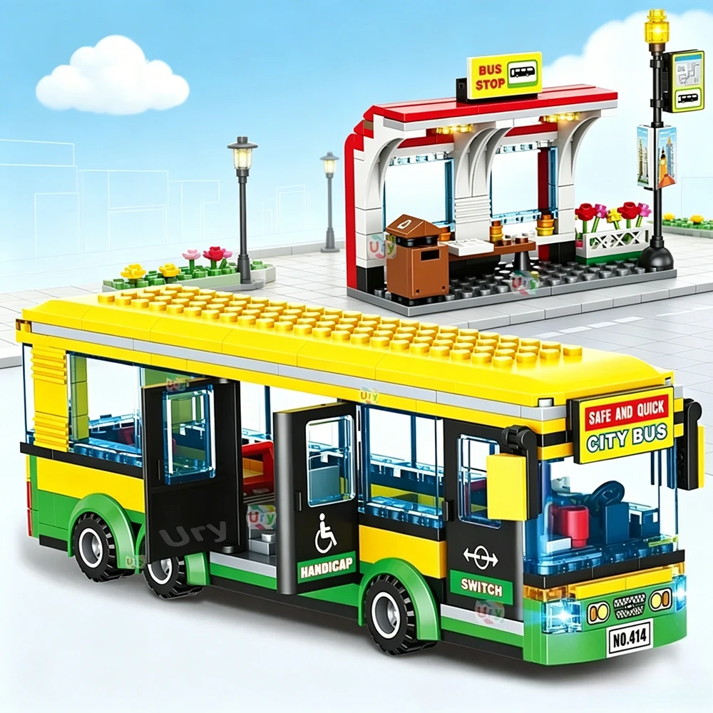 Bus City UK London Yellow Passenger School Bus Station Building Blocks School Bus Station Bricks Model Toys Gift