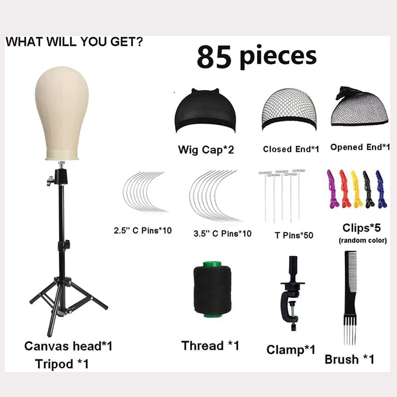 23-inch canvas blok mannequin hoofd voor pruiken maken display met pruikdoppen, T-pinnen, C-borstel