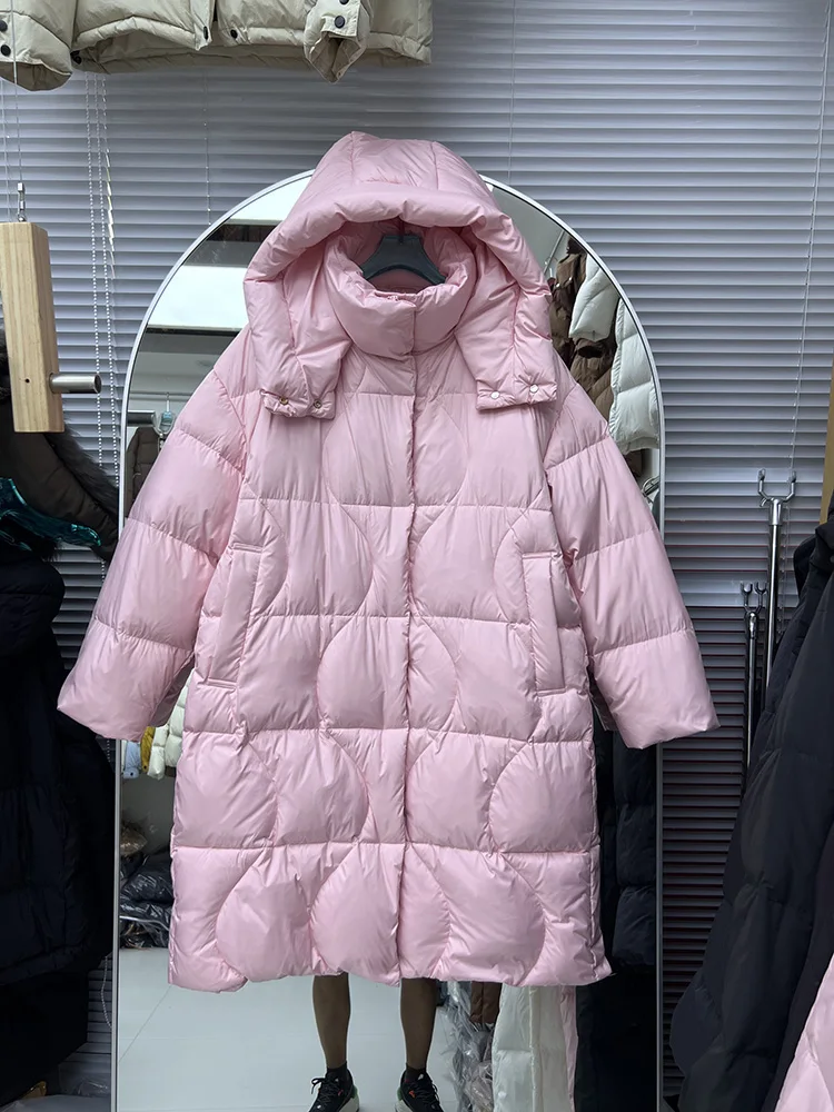 Winter New Medium to Long Style Down Jacket Women's Fashion Thick Hooded Loose Casual Solid Color White Duck Down Coat