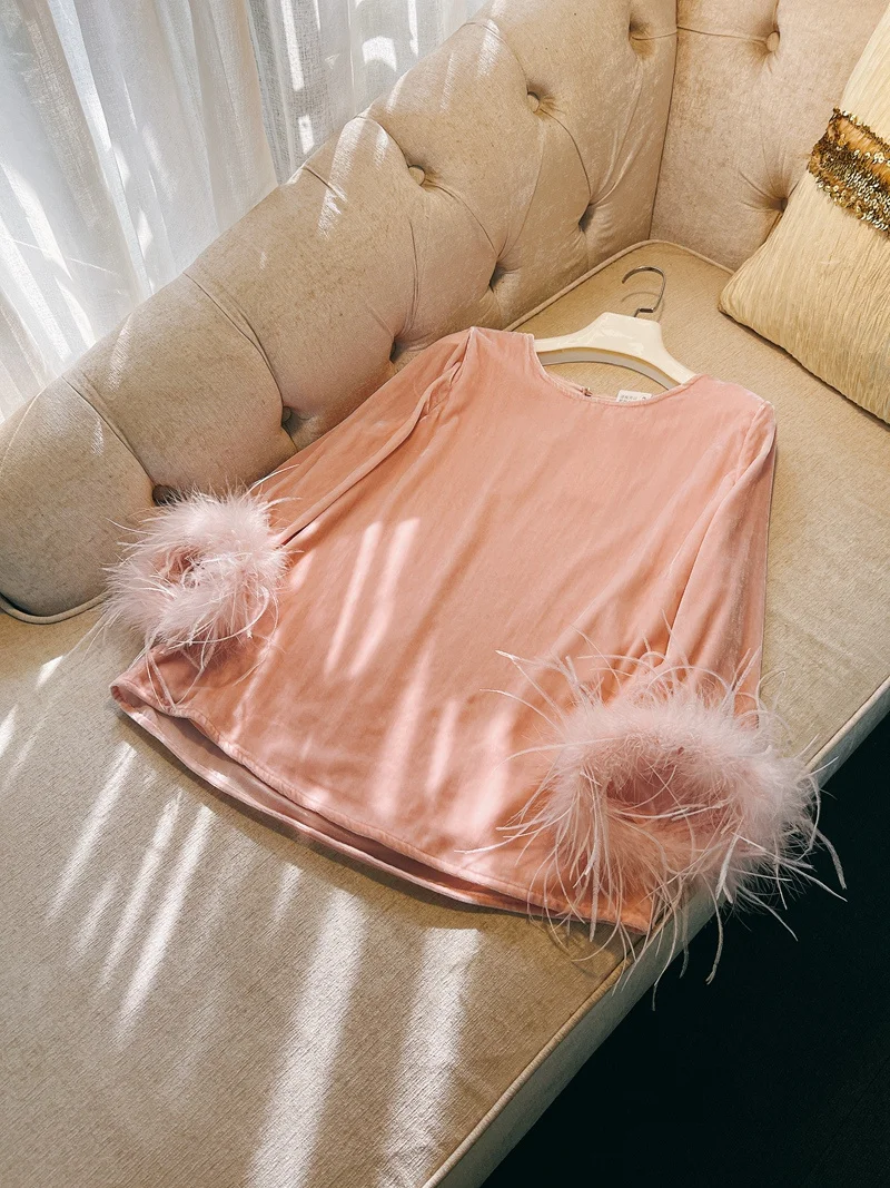 

Pink Velvet Women's Inner Wear Spring New Sle Ostrich Feather Cuff Retro Chinese Sle irt High-End Feeling Top