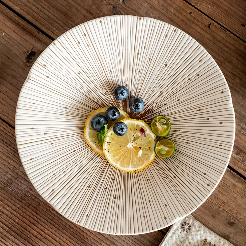 Imported Ceramic Tableware from Japan Japanese Home Vintage Round Shaped Vegetable Tray Striped Design Pasta Serving Plate