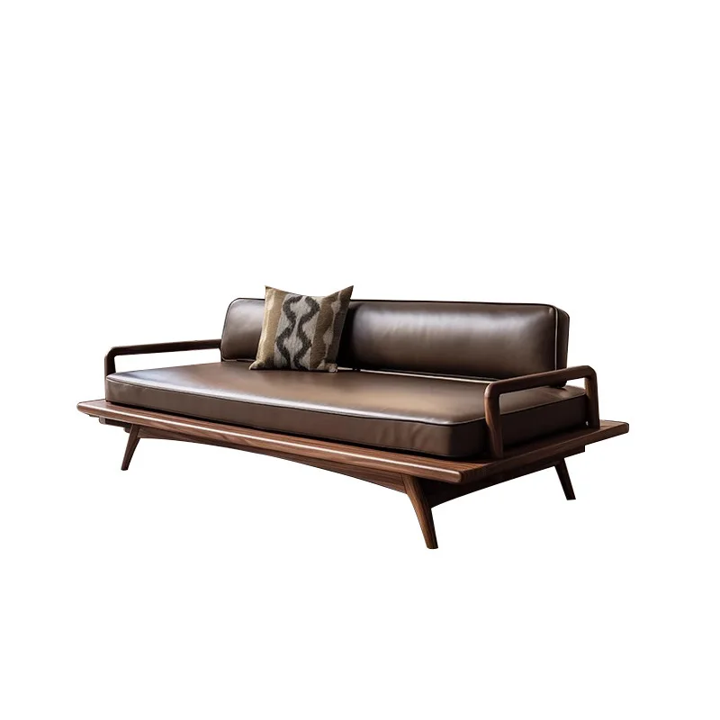 Black walnut sofa leather zen three-person solid wood sofa