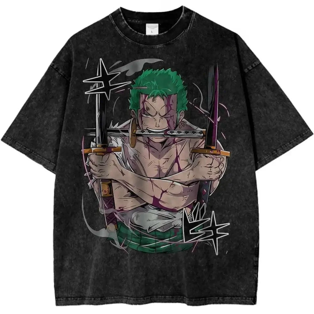 Anime One Piece Roronoa Zoro Washed T-Shirt 2026 Summer Men's Women's Harajuku Cotton Fashion Retro Oversized Washed T-shirt Y2K