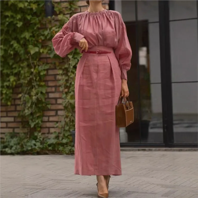 Elegant Solid Skirt Set For Women Fashion O-neck Full Sleeve Pleated Top Loose Maxi Skirt With Belt Lady 2025 Summer Chic Outfit