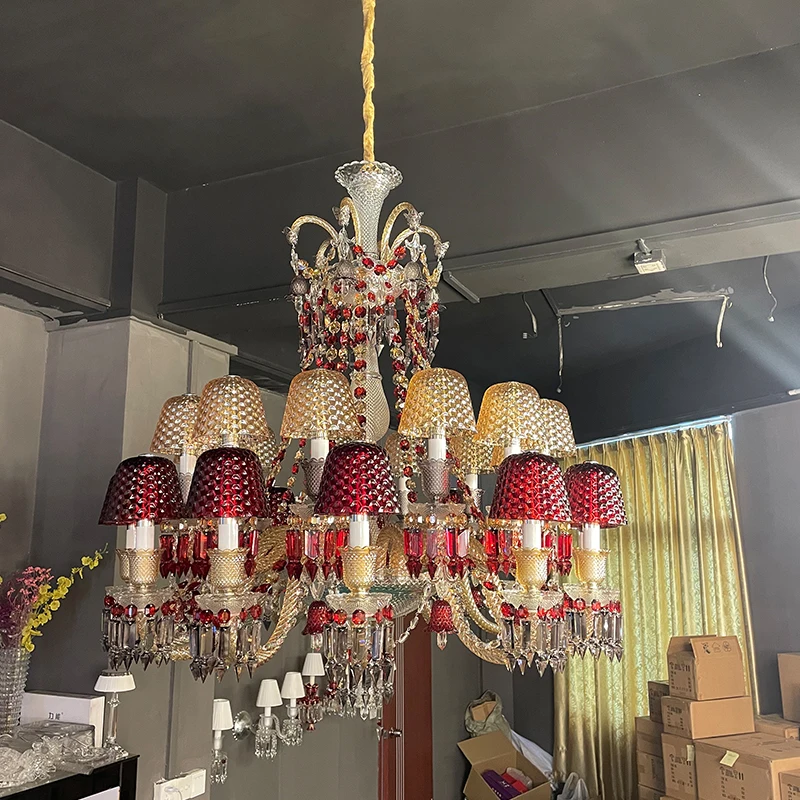 Postmodern Design Style Metal Indoor Hotel Cafe Ceiling Atmosphere Decoration Red Retro Style Crystal Chandelier Pendant Lights