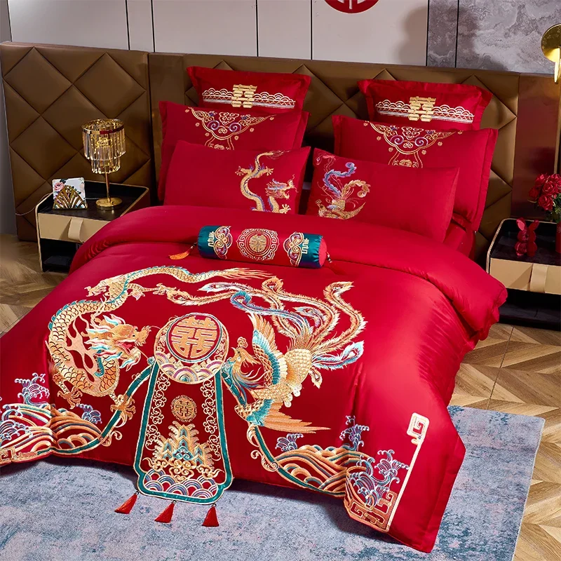 140s wedding four-piece set big red dragon and phoenix dragon and phoenix embroidery wedding quilt