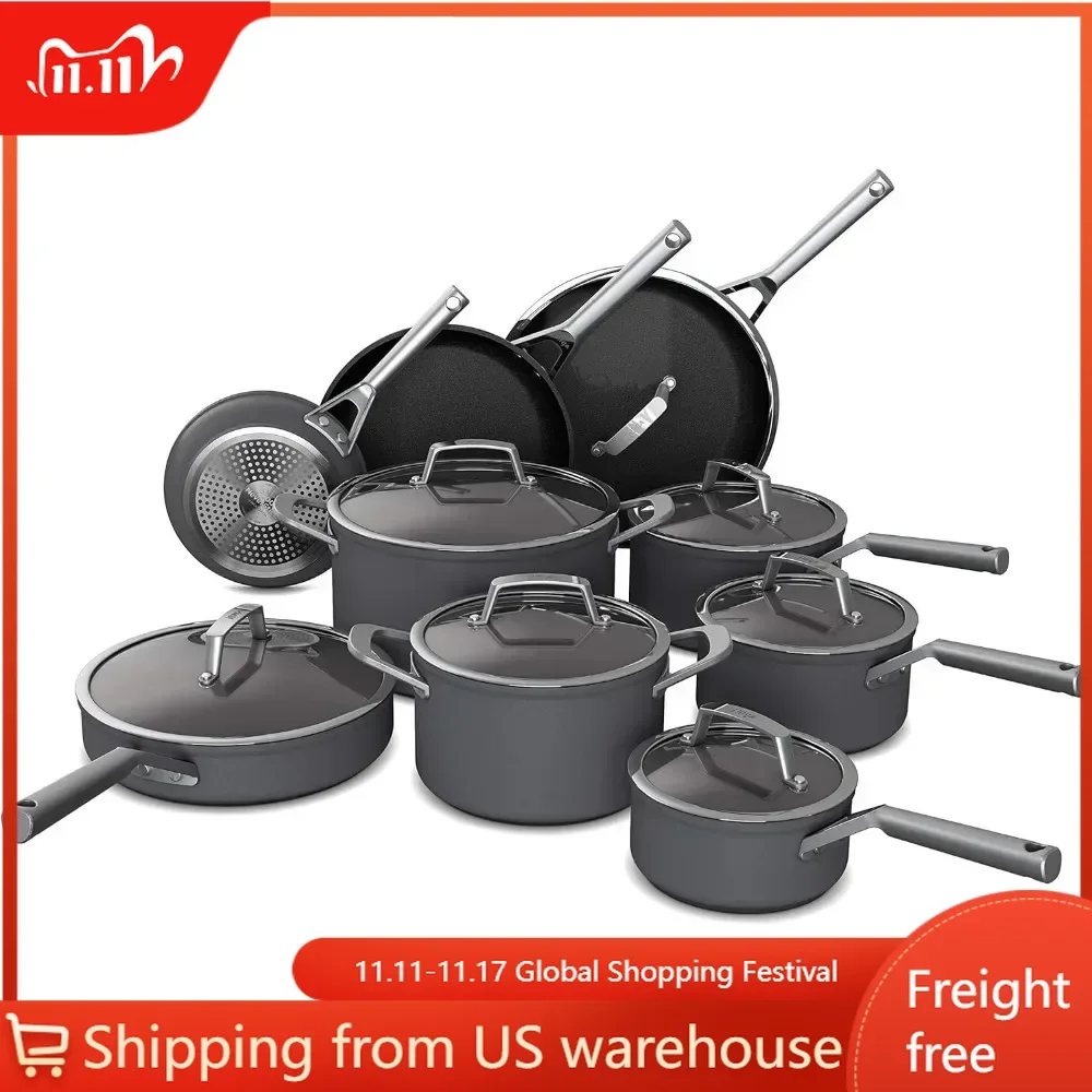 Advanced 16 Piece Cookware Set, Hard Anodized, Non Stick, Durable, Oven Safe Up To 500 ° F, Black Cookware Set