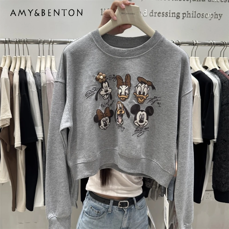 

2025 Autumn New Loose Hoodies Heavy Embroidery Cartoon Pullover Round Neck Thin Sweatshirt For Women's Kawaii Top Coat Clothes