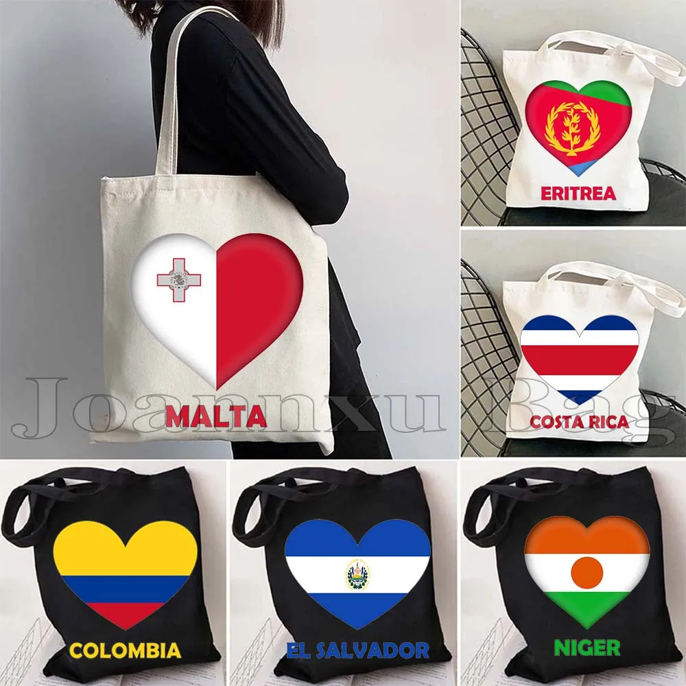 Malta Niger Ghana Fiji Costa Rica Colombia Cambodia El Salvador Eritrea Greenland Liechtenstein Love Heart Flag Tote Bag Handbag