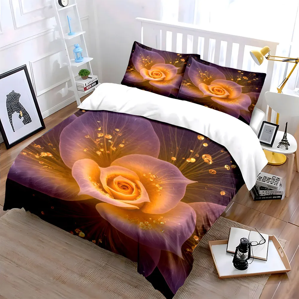 Radiant golden glow on dreamy flower Pattern Duvet Cover Set Digital Print Colorful Polyester Bedding with Zipper Closur