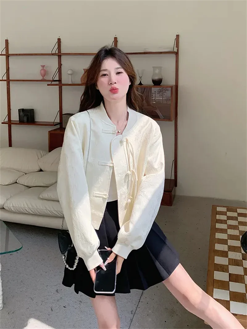 Pop New Chinese Style Spring And Autumn Baseball Jacket New Jacket With Buckle Jacquard Short Top For Outerwear Sunscreen Clothi