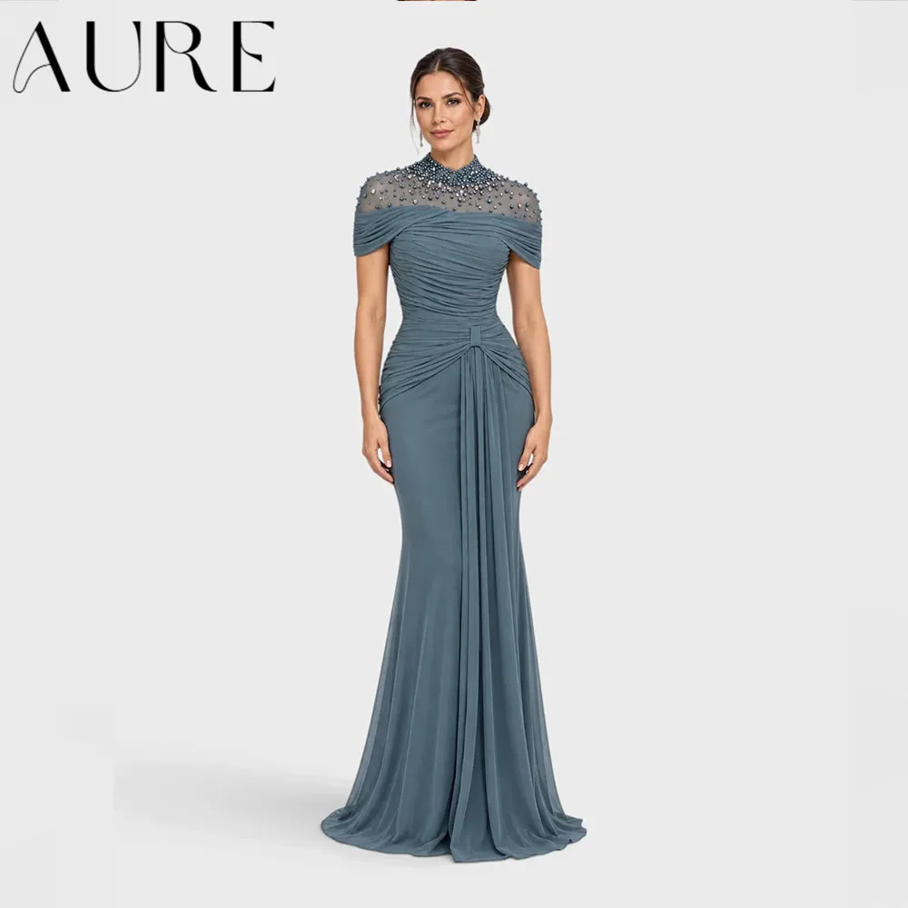Aure Customized Dusty Blue Mermaid Mother Of Bride Dress Beaded Off Shoulder Ruched Chiffon Formal Evening Party Wed Guest Gown