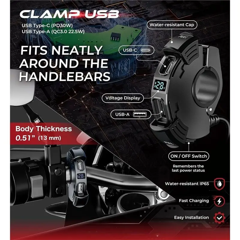 Motorcycle USB Charger Handlebar Mount Dual USB-C & USB-A Smart Fast Charger PD 30W, QC3.0 18W For Quick Charging