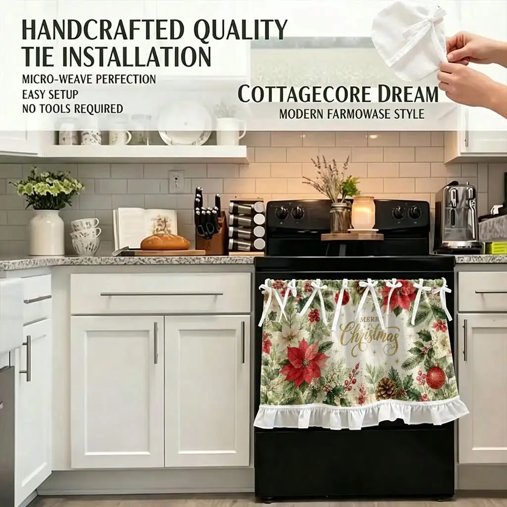 2D Flat, 1pc Farmhouse Kitchen Stove Oven Valance Curtain, 2D Print Merry Christmas Floral Pattern Print Dishwasher Microwaves Cabinet Kitchen Sink Multi Functional Protective Curtain, Kitchen Decoration, Perfect Festival Gift