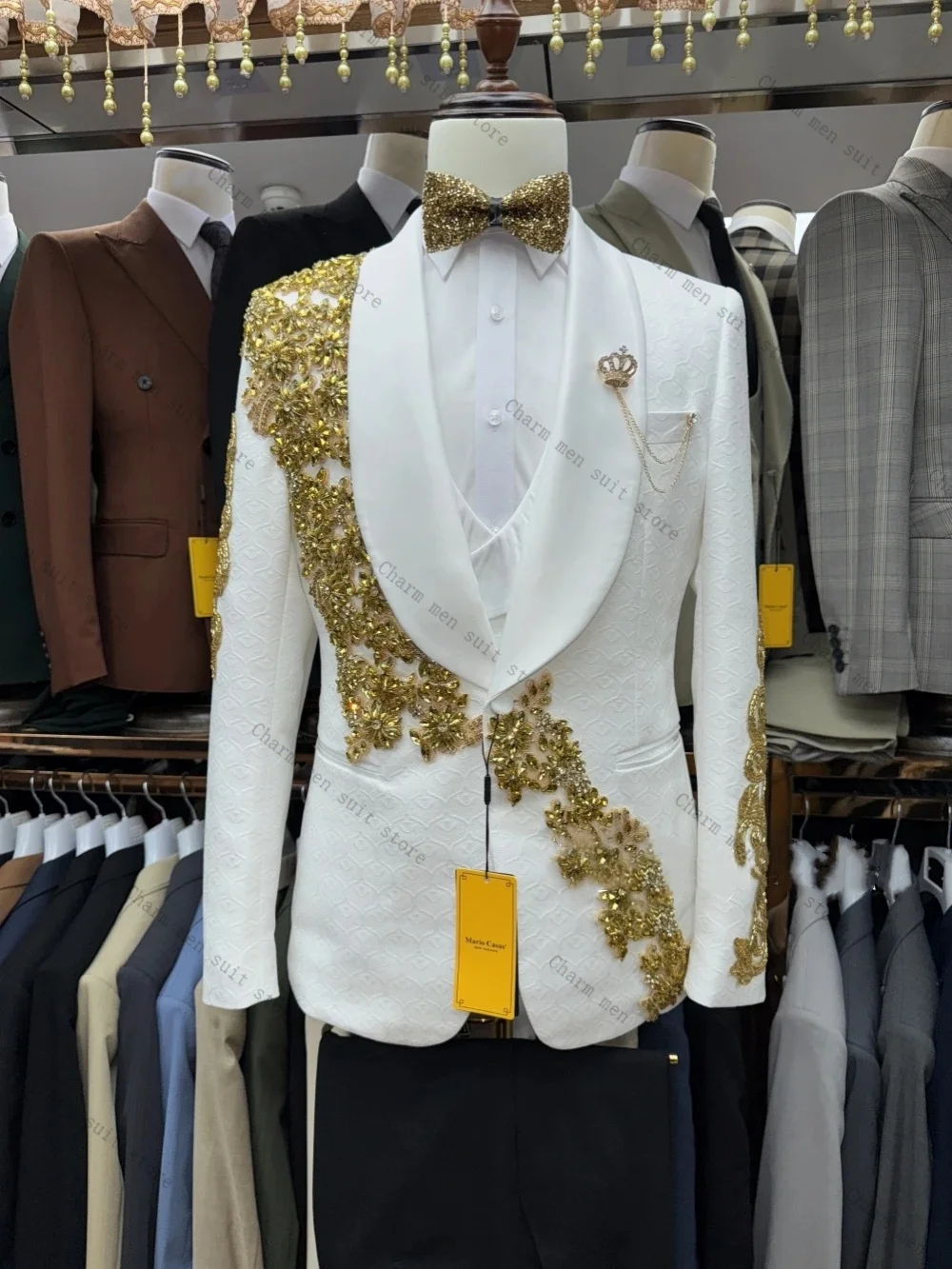 

White Jacquard Men Suits Set 2 Pcs Blazer+Black Pant Trousers Wedding Tuxedo Formal Office Cotton Male Groom Prom Jacket Coat