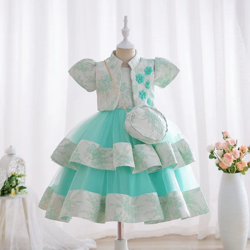 Flower Gril Dress Three Piece Set New Children's Dress Silk Princess Party Girls Kids Dressgrils Dress Wedding Evening Dresses