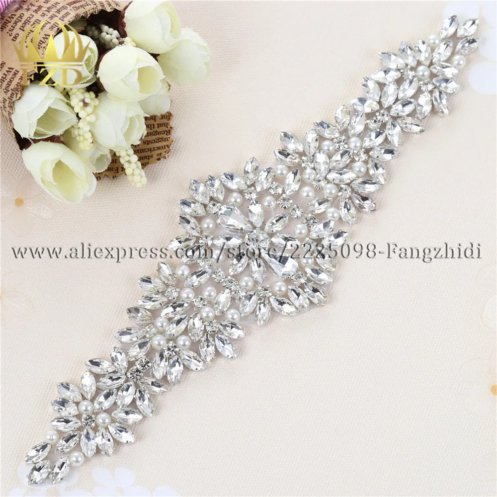 FZD 1 Piece Wedding Rhinestones Applique Crystal Hot Fix Clear Rhinestones Designs for Bridal Sash or Wristbands Crystal Stones