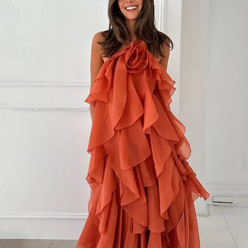 Primavera 2025 Faionable Feminino Dr Floral 3D Embelezado Decoração em camadas Rua Sle Casual Desgaste diário Poliéster