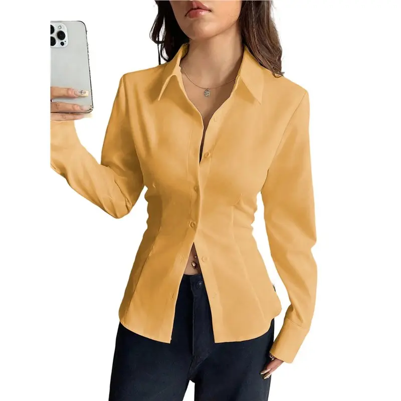 

CYL-Women Button Up Shirt Long Sleeve Shirt V Neck Collared Blouse Aesthetic Work Tops