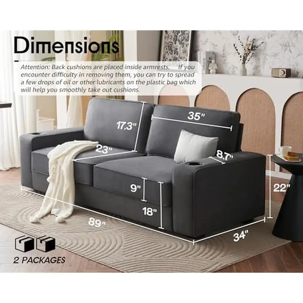 3-Seater USB Sofa with Cup Holders & Plush Cushions Modern Living Room Charcoal Sofa 89