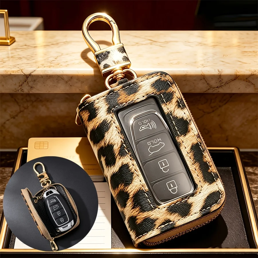 Hollow Leopard Print Car Keychain, Clear Visible Button Window, All-match Vehicle Smart Key Protector Ideal Decorative Key Pouch
