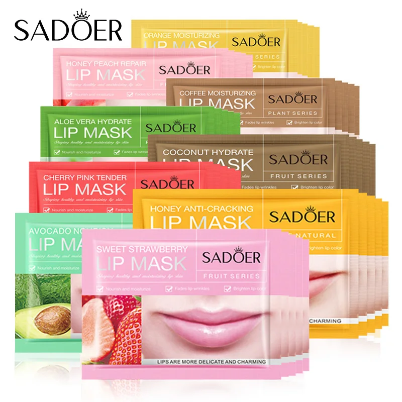 50pcs SADOER Fruits Moisturizing Lip Mask Lips Skin Care Nourishing Hydrating Crystal Collagen Gel Lip Patches Lips Plumper