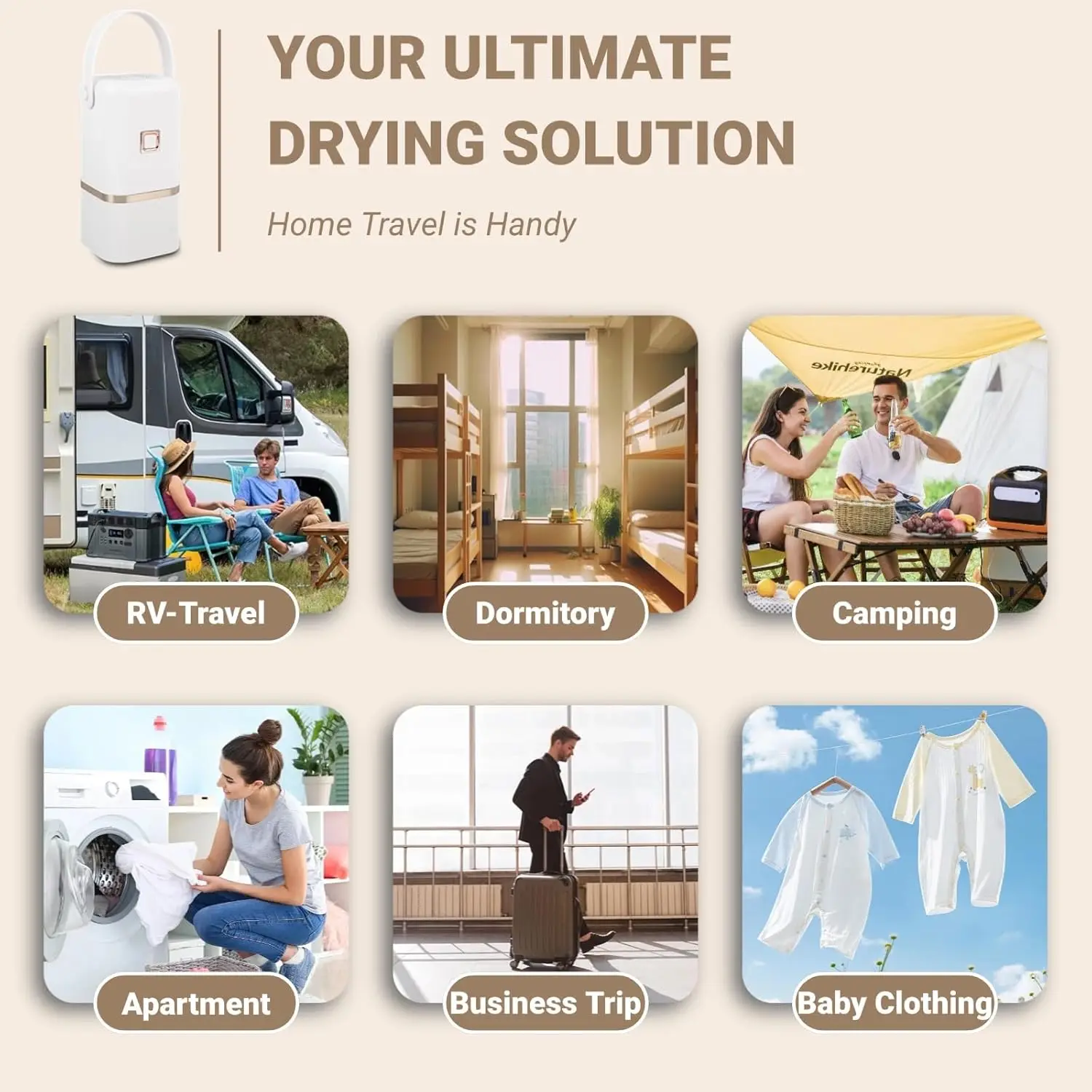 مجفف ملابس صغير محمول مع حقيبة تجفيف - مجفف كهربائي مدمج للسفر، RV، المنزل، الشقة