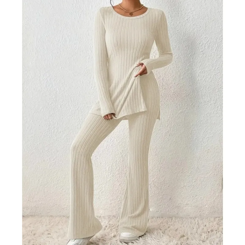 Women's Knitted Crew Neck Slit Long Sleeve Top Trousers 2 Piece Set Autumn Winter Comfortable Elegant Solid Color Suit Female