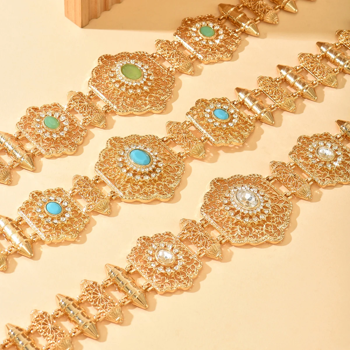 

Moroccan Palace Bridal Belt - Gilded Filigree With Turquoise & Crystal Accents For Showstopping Wedding Gown Looks