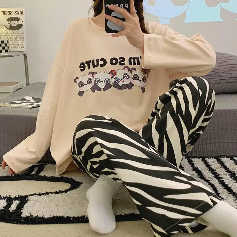 

New Women Long Sleeved Spring Autumn Internet Celebrity Fashion Comfort Sweet Cute Pajamas Sleepwear Home Clothes Two-Piece Set