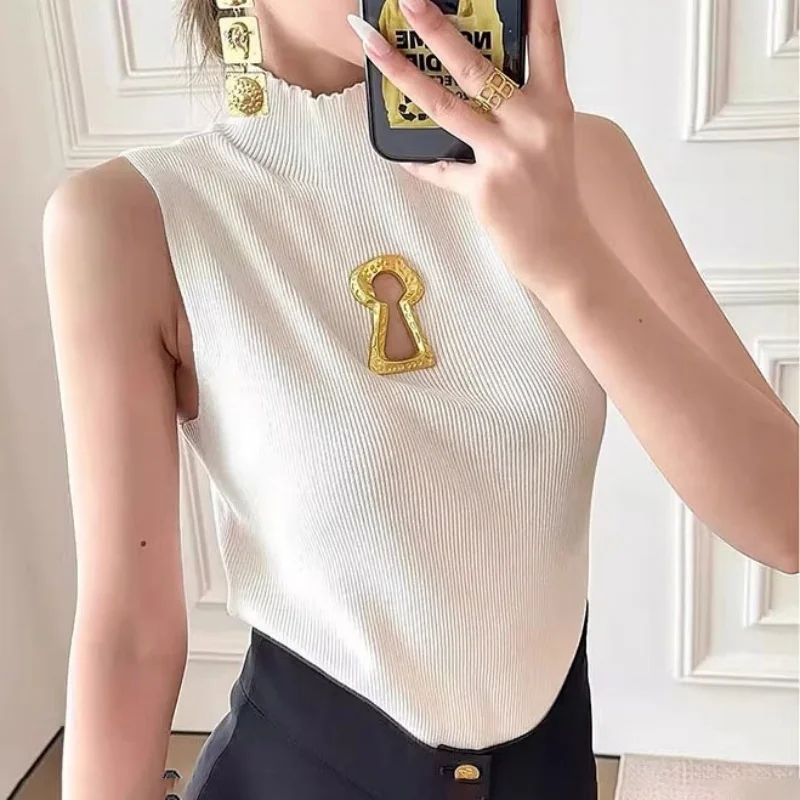 

2025 autumn new women's semi high neck metal decoration elastic slim fit sleeveless vest y2k fashionable casual knitted top