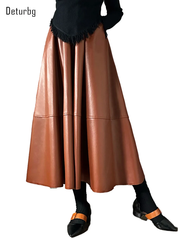 Women's Washed Leather A-Line Skirt With Pockets Korean Fashion Elastic High Waist Soft PU Midi Long Skirts 2024 Spring K206